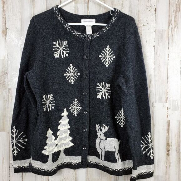 Christopher & Banks Christmas Cardigan Sweater Gray Size Large - Picture 1 of 11